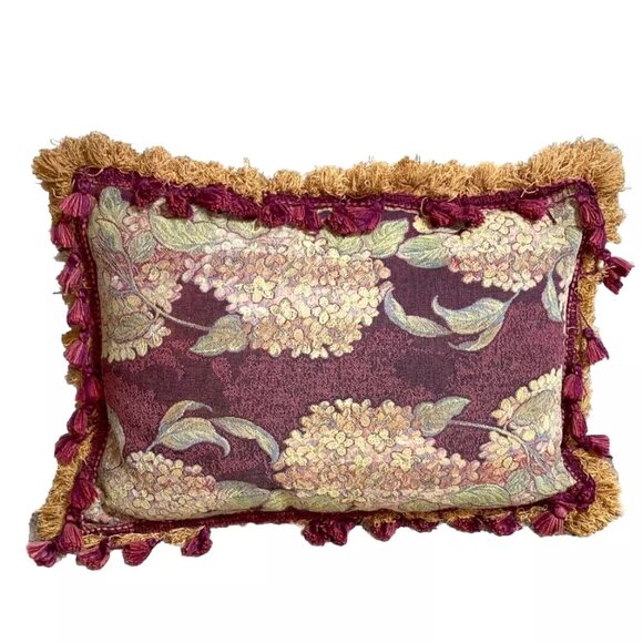 Gorgeous Vintage Aubusson Fringe Throw Pillow Embroidered Red Gold Velvet Back